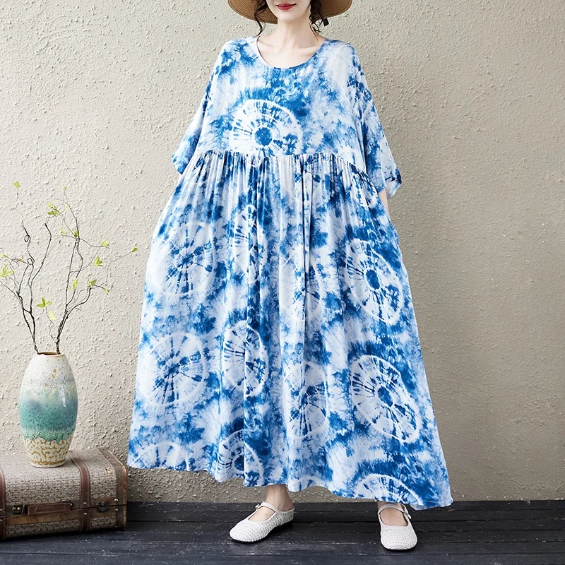 Loose Bohemian Style Cotton Summer Dress for Middle-Aged Women Short Sleeve round Neck Women's Dress Comfortable A-Line Skirt 3
