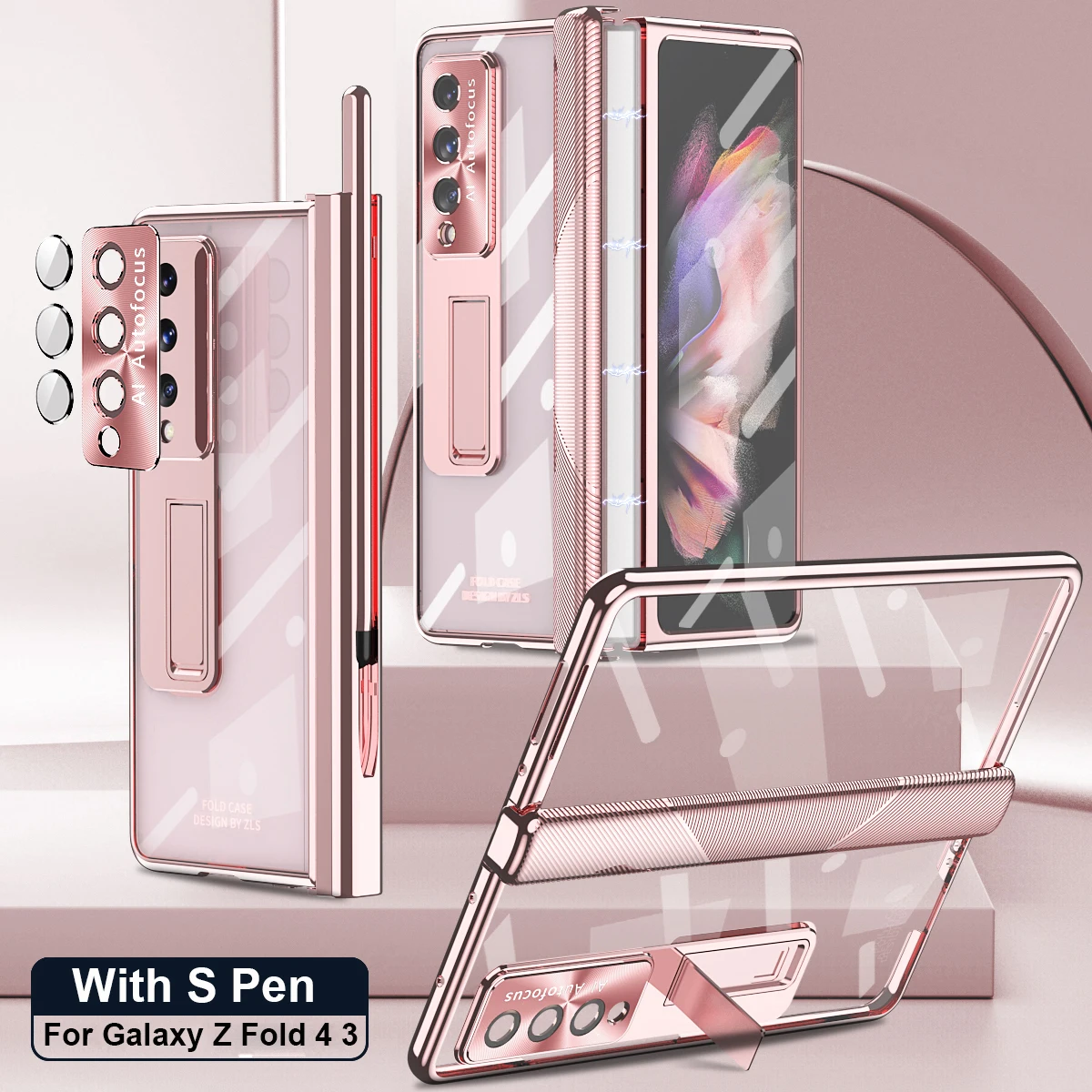 

With S Pen Plating Clear Magnetic Case For Samsung Galaxy Z Fold 4 5 G Kickstand 360 Full Screen Protector Phone Cover Z Fold 3