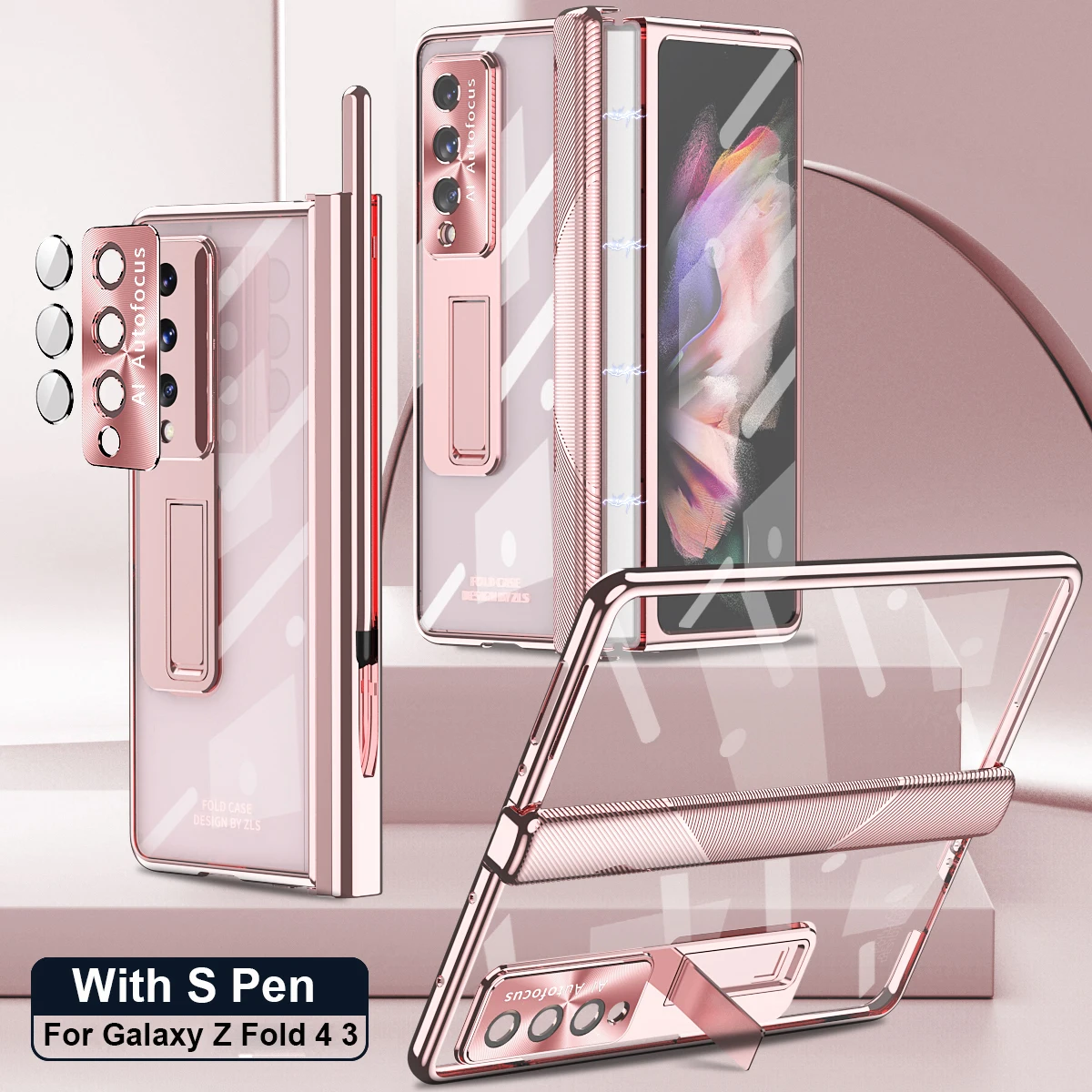 With S Pen Plating Clear Magnetic Case For Samsung Galaxy Z Fold 4 5 G Kickstand 360 Full Screen Protector Phone Cover Z Fold 3