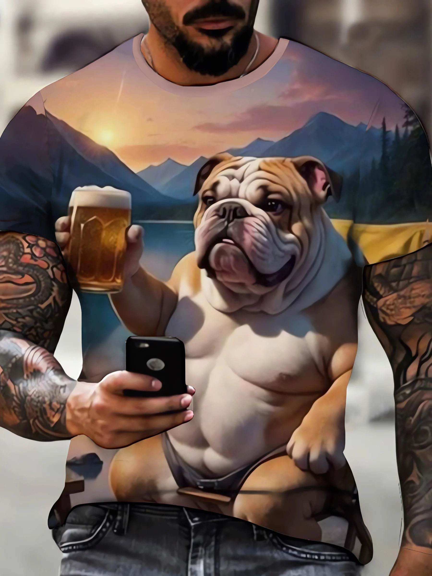 3D Bulldog Drinking Beer Pattern T shirt Fashion Funny Men/Women Crew Neck Short Sleeve T-shirt Top Novel Summer Man Casual Wear