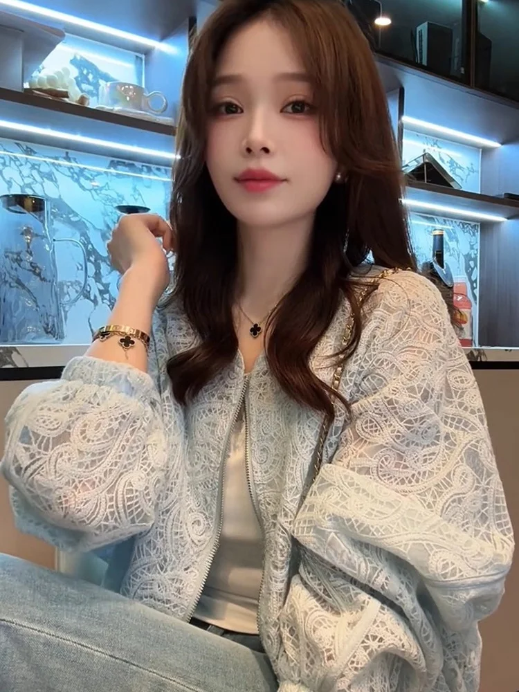 Elegant Lace Long Sleeve Casual Outerwear Women's Fashion Zipper High-End Feel Autumn Style Poetic Lin Breathable Comfortable