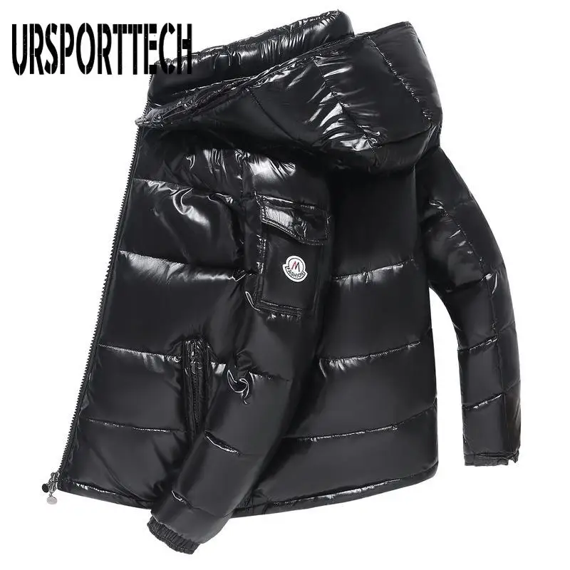 URSPORTTECH 남성용 다운 재킷, 짧은 코트, 두꺼운 후드, 따뜻한 외투, 방한 재킷, 광택 오버코트, 겨울