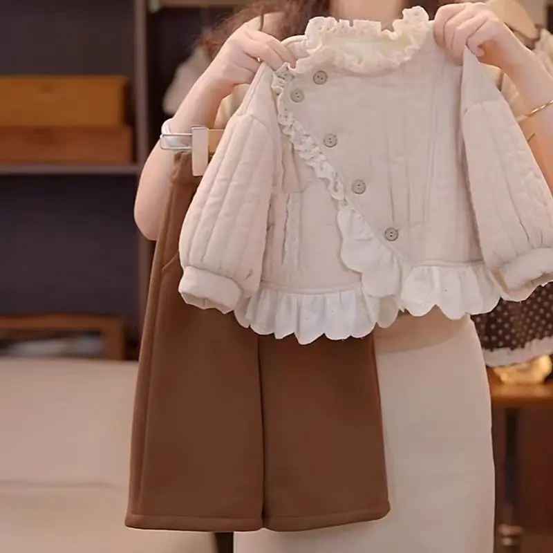 Girls Fall Winter 2026 Lace Trim Elegant Thick Casual Chic Outfit Set Warm Trendy Kids Clothing for Girls Fashion Clothes