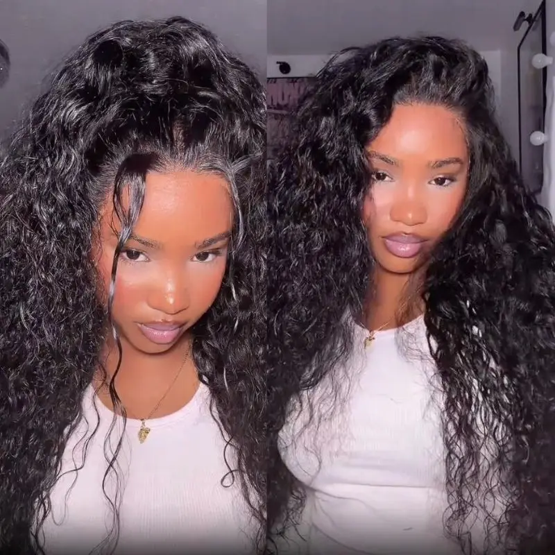 Klaiyi Human Hair 13x4 Pre-Everything Natural Black Water Wave Curly Human Hair Wigs With Drawstring