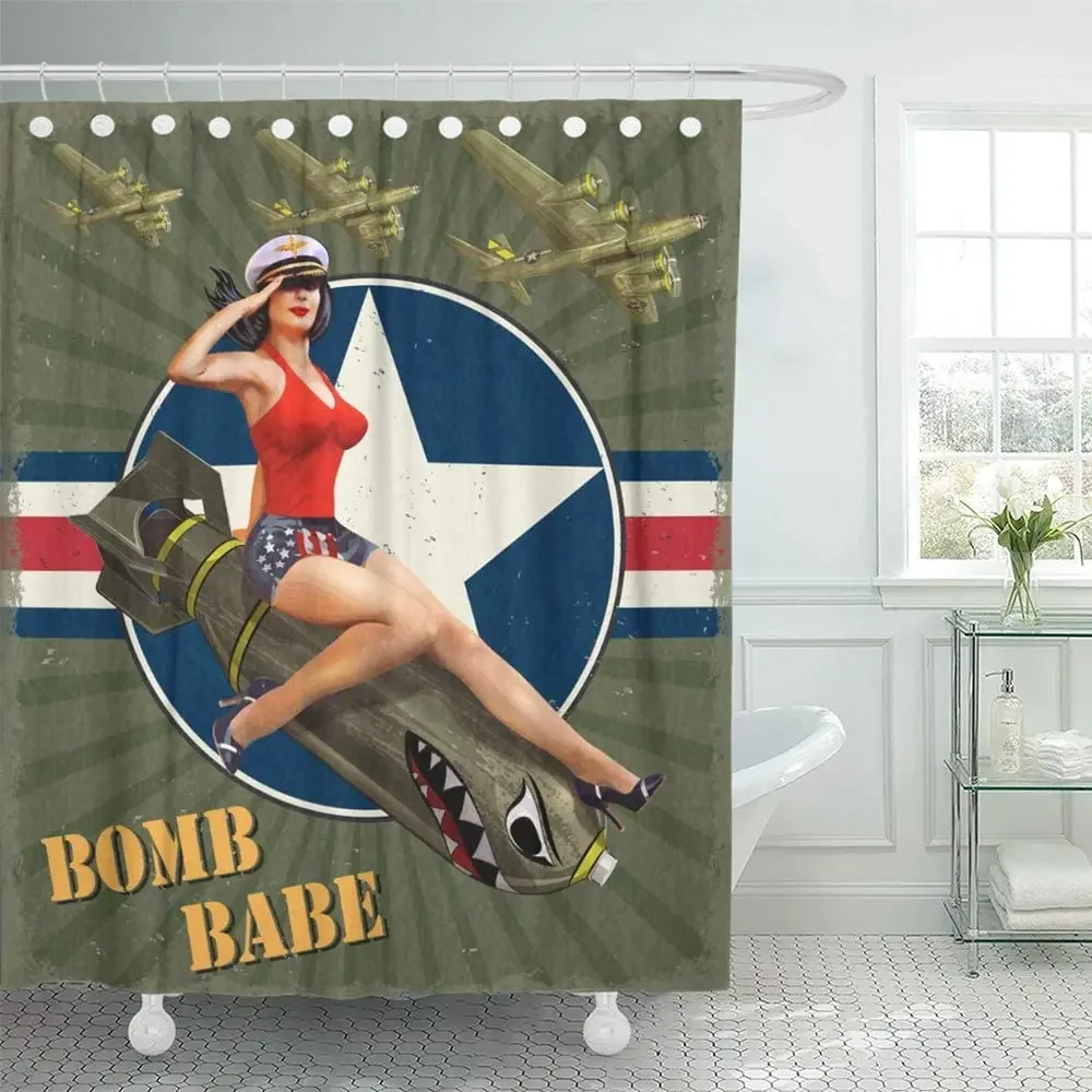 Shower Curtain By Ho Me Lili Waterproof Military Vintage With Pin Up Girl On Bomb Retro War Bomber Plane Missile Set With Hooks