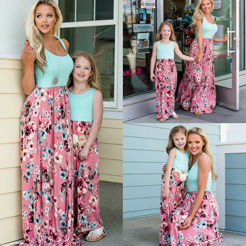 Mom And Daughter Dresses Sleeveless Printing Girl 2024 Summer Dress Matching Family Outfits Women Even Dress Mother Kids Clothes