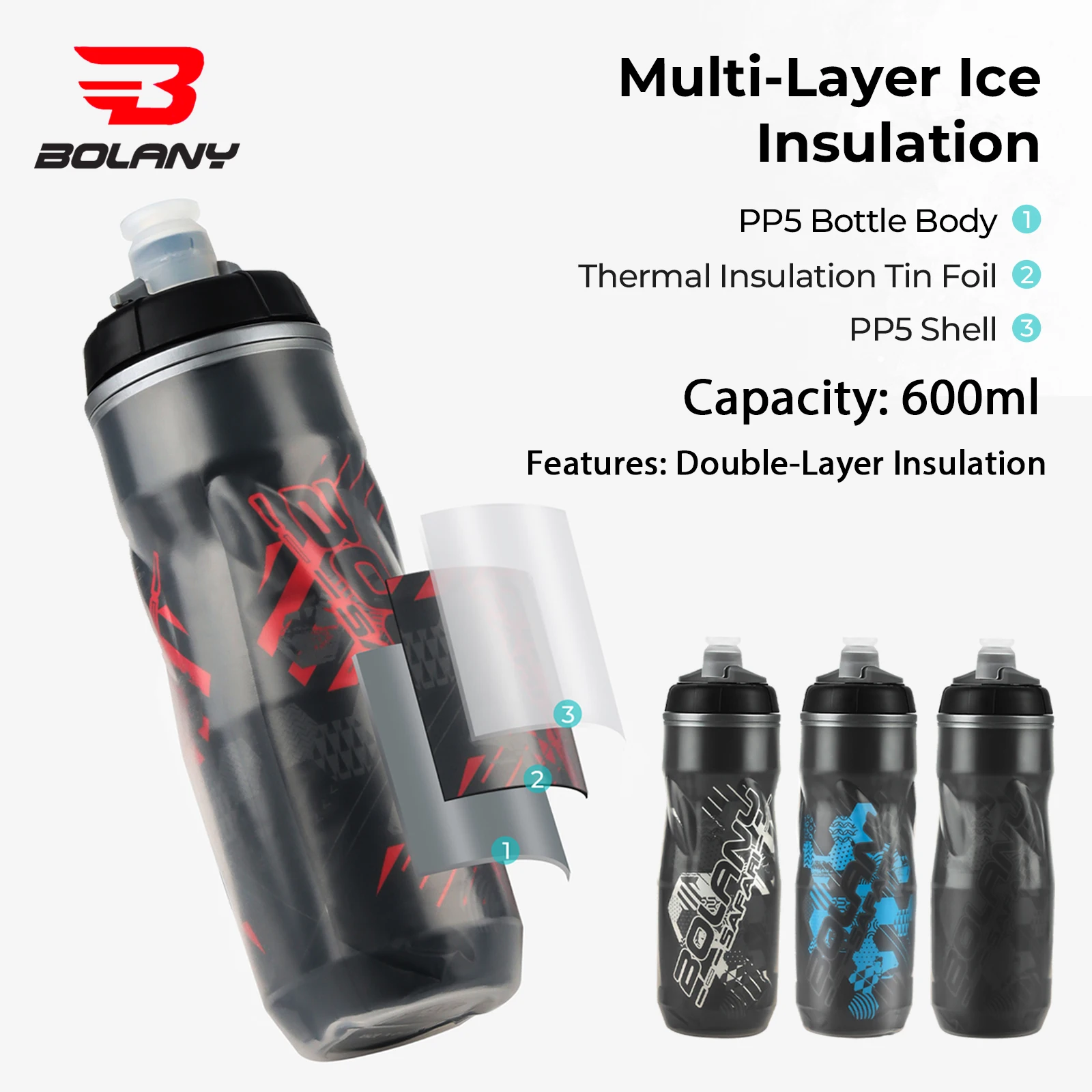 Garrafa de água de camada dupla para bicicleta BOLANY 600ML, plástico PP5 + folha de alumínio, isolada, para esportes/equitação, lazer e viagens