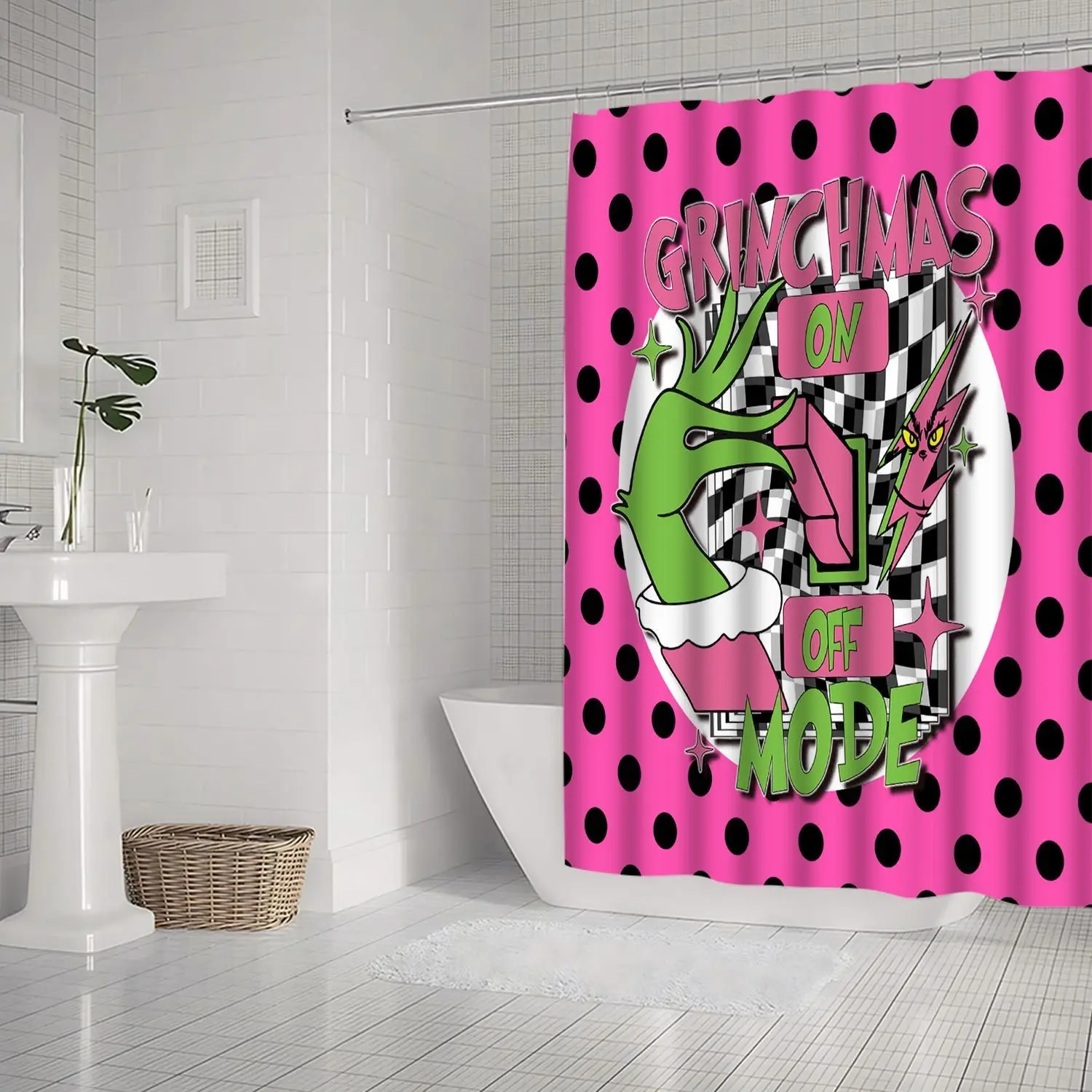 4pcs Shower Curtain Set,On/Off Mode Christmas Design with Green Elf Pattern, Non-Slip Bath Mat & Hooks,Machine Washable