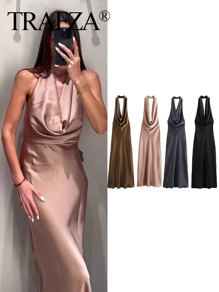 

TRAFZA Women Solid Big Neckline Dress Casual Backless Hanging Neck Long Dresses Summer Woman Satin Sleeveless Ruched Dress Mujer