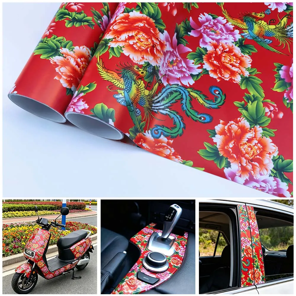 Car Floral Vinyl Wrap Phoenix‌ Flower DIY Waterproof Film Stickers for Auto Mirror Hood Motorcycle Bike