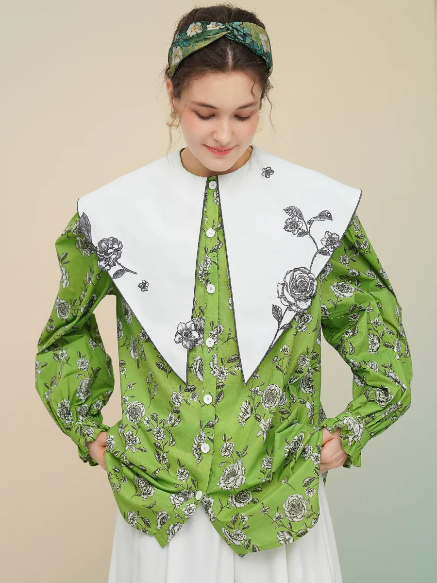 

Spring Autumn Original Design Women Loose Vintage Exquisite Rose Print Green Shirts/blouses