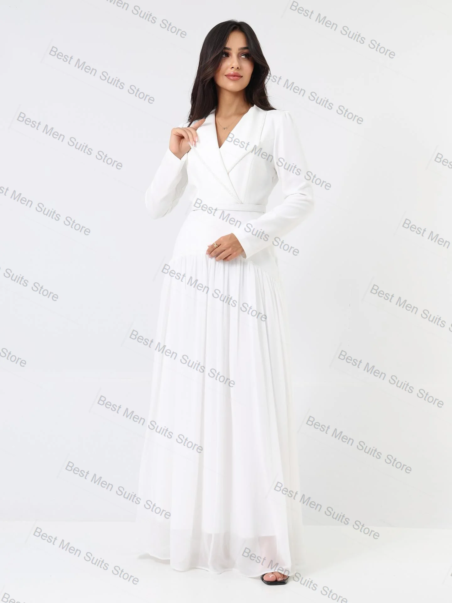 

White Long Women Suit 1 Pcs Blazer Prom Dress Luxury Beaded Formal Office Jacket Customized Wedding Tuxedos Cotton Party Coat