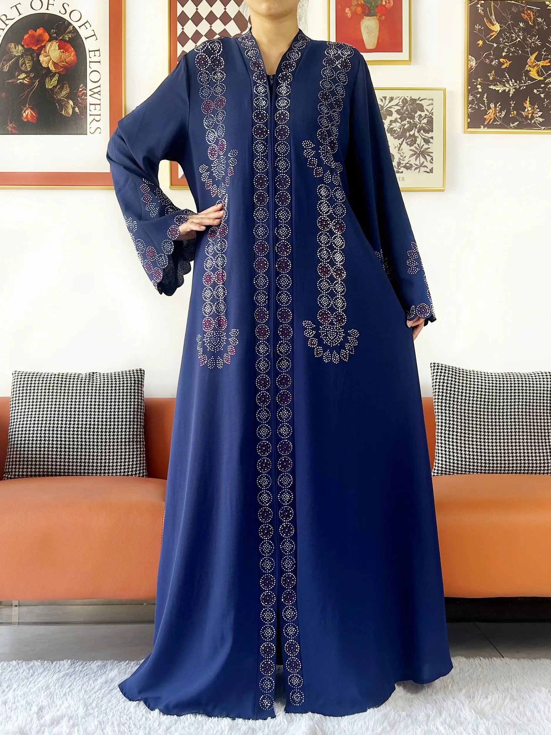 Muslim Ramadan Fashion Long Sleeve Dress Rhinestones Cardigan Muslim For Women Open Abaya Dubai Caftan Islamic Kimono Clothing