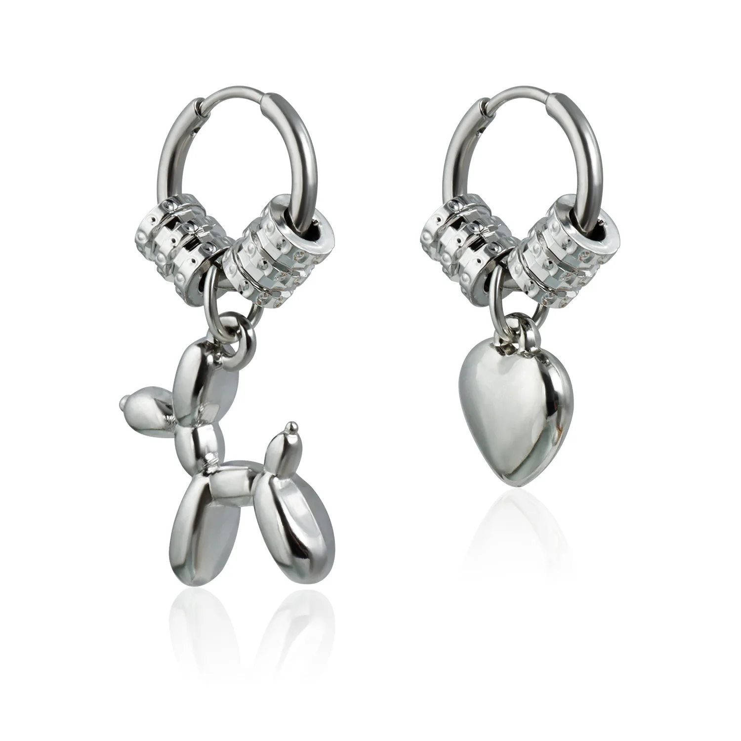 Cute Balloon Dog Asymmetry Heart Shape Pendant Earrings for Women Simple Metal Style Animal Earrings Punk Jewelry Wedding Gifts