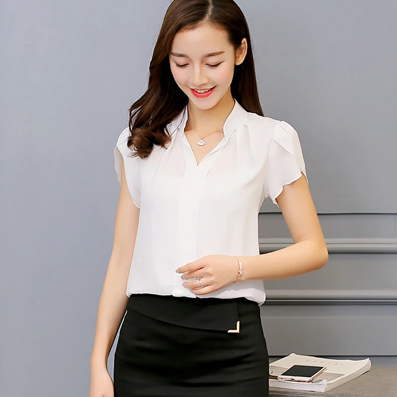 Women Shirt Chiffon Blouse Femininas Tops Short Sleeve Elegant Ladies Formal Office Blouse Chiffon Shirt