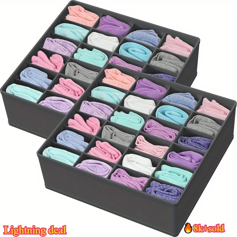 24 CompartmentsCollapsible FabricStorage Box,FoldableOrganizer forSocks, Underwear,Ties & Accessories, Available inBlack & Beige