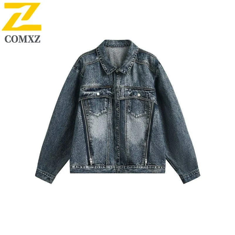 COMXZ Mantel Katun Pria Tahan Angin untuk Perjalanan Berkemah Kerah Minimalis Jaket Santai Jalanan Jaket Ringan untuk Bersepeda di Jalan