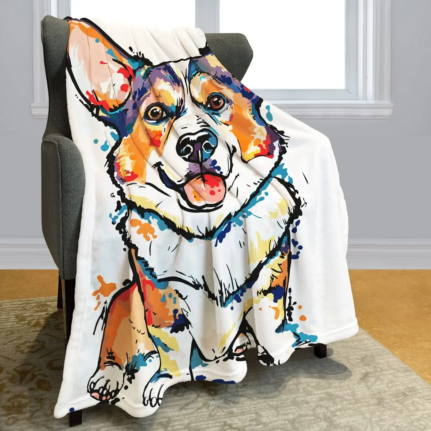 Corgi Dog Throw Blanket Simple Watercolor Husky Cute Dogs Theme Print Blanket Soft Warm Cozy for Sofa Couch Bed Home Decor Gifts