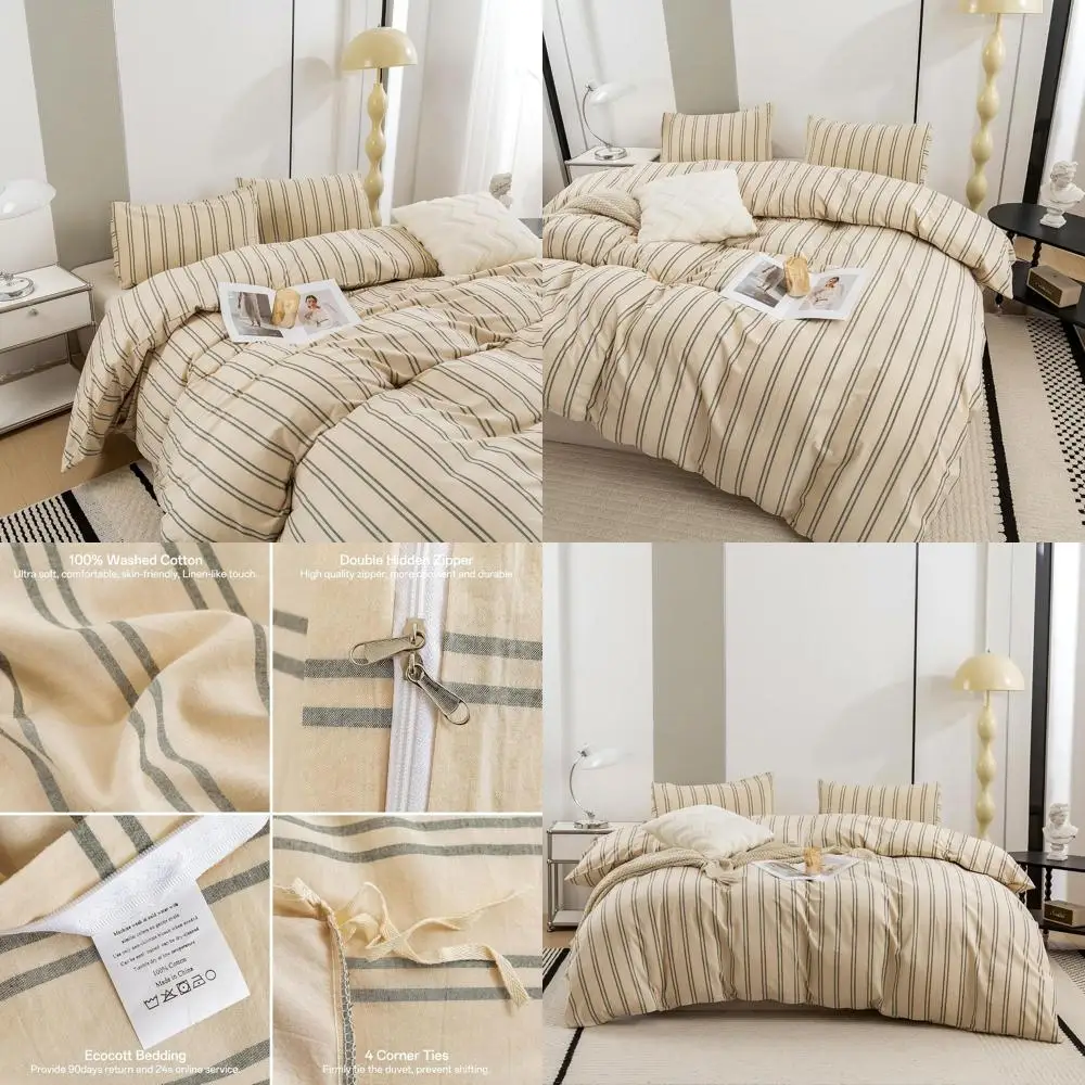 

Пододеяльник размера King Size - Органический натуральный 100% хлопок, промытый, дышащий и прочный комплект постельного белья, комфортный дизайн в полоску