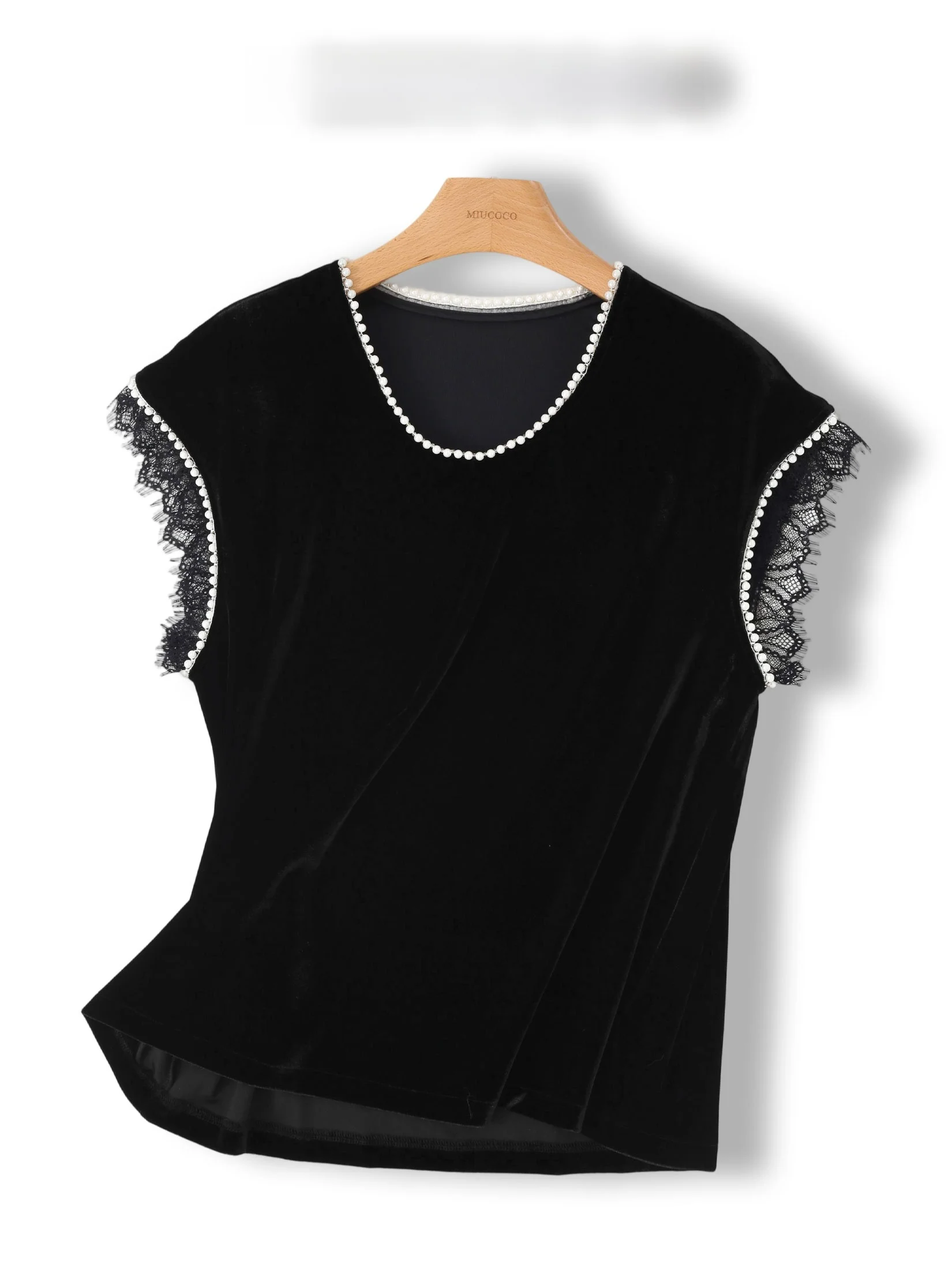 

P Brand New Chinese Style Fashion Lace Splicing Beaded Velvet Women's Vest Large Size Trendy Top Vintage Short Sleeve V-Neck