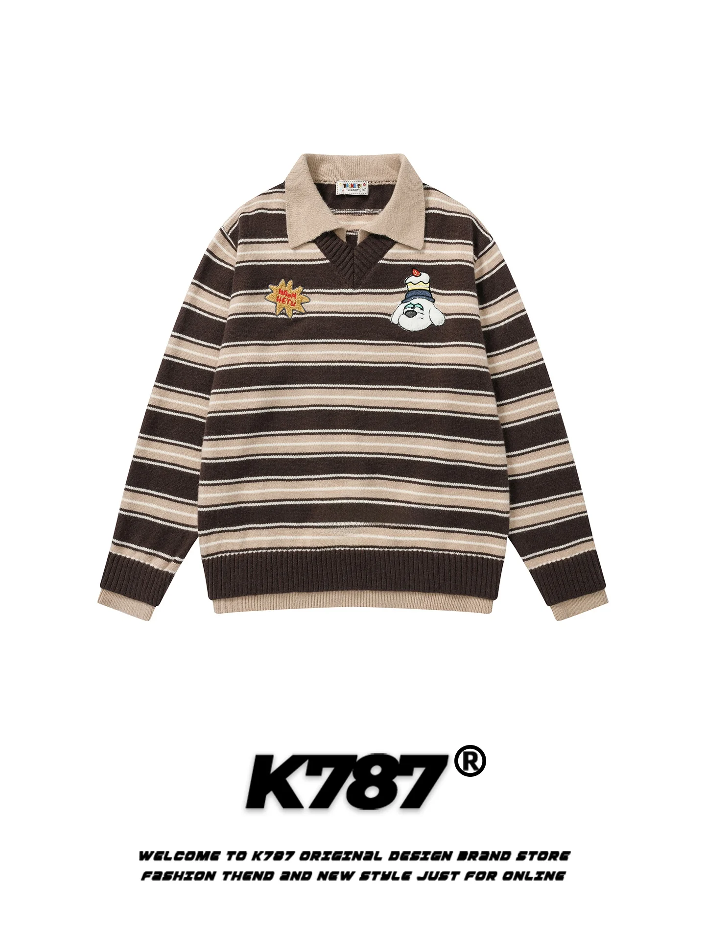 

Вязаный свитер K787 в американском ретро-стиле с вышивкой собаки и полосатым воротником, свободный повседневный крой, для пар, теплый зимний, с полосатым узором