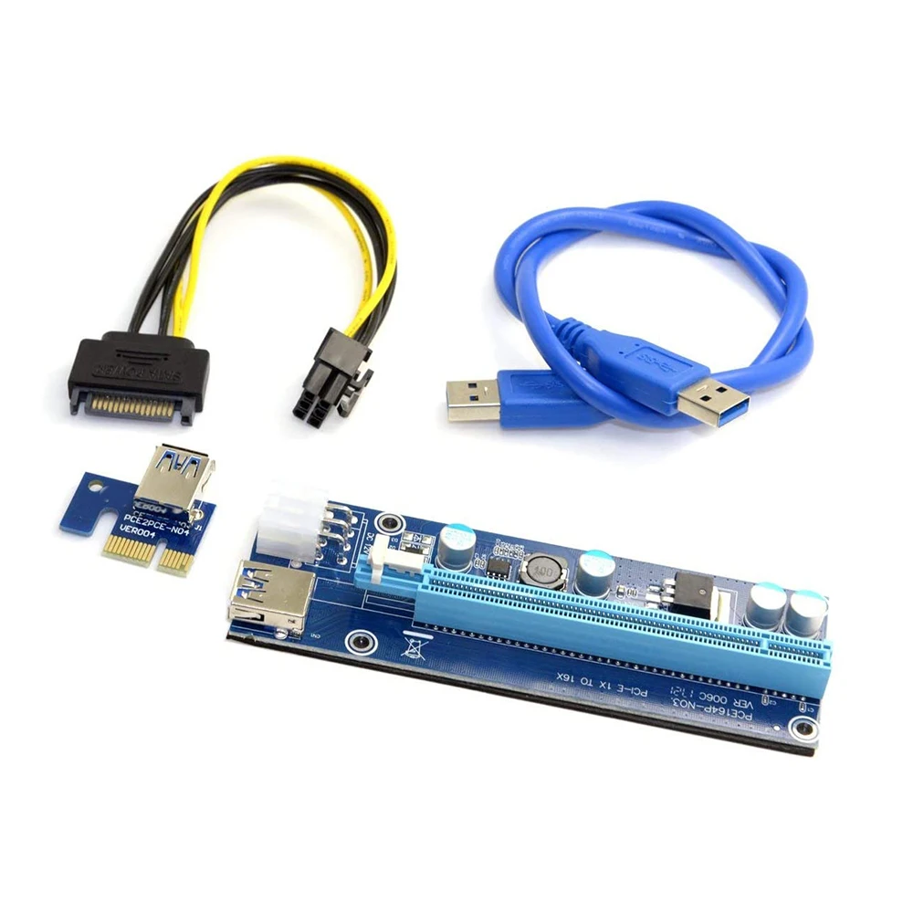 QWE-2Pcs PCI-E 1X To 16X Mining Machine Enhanced Extender Riser Adapter With USB 3.0 & 6Pin Power Cable