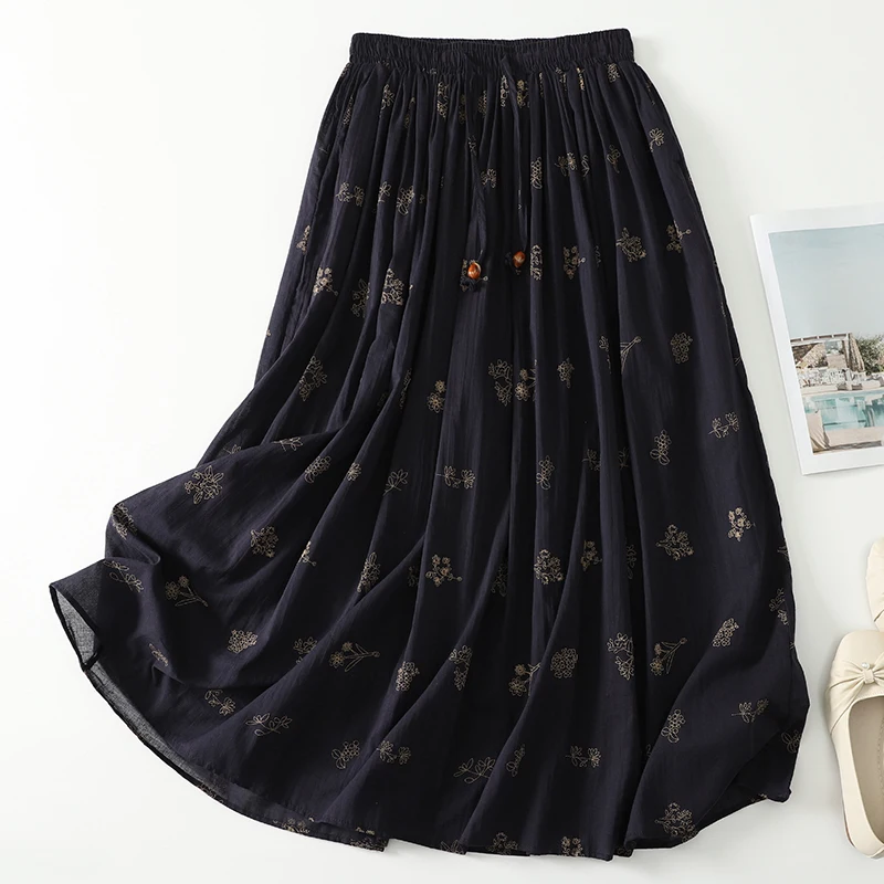 Retro Artistic Style Elastic Waist Drawstring Beaded Half Skirt Women's Summer New Versatile Slimming Design Cake Skirt
