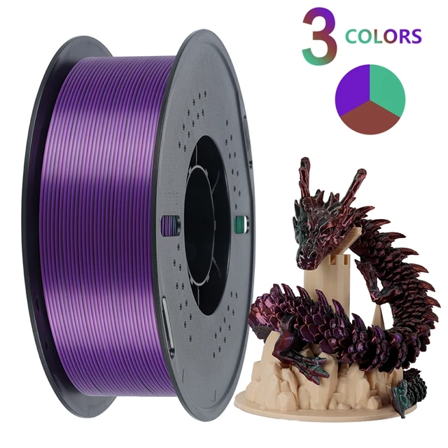 KINGROON Zijde PLA-filament 1,75 mm 1 kg, driekleurige tweekleurige 3D-printerfilament Glanzend verbruiksartikelen 2,2 lbs spoel, voor FDM 3D-printer