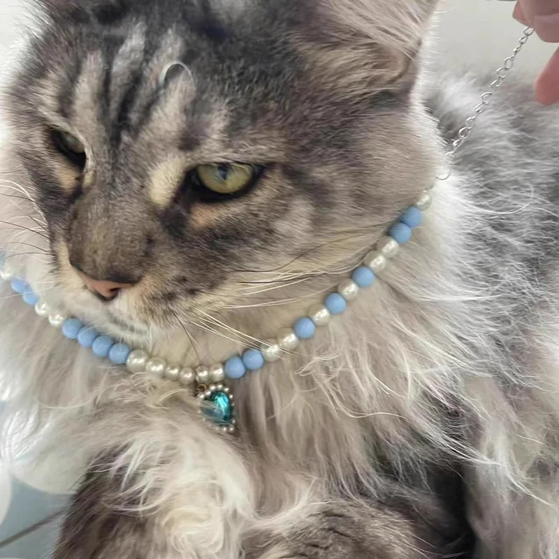 New Adjustable Color Blocking Pearl Pet Collar with Peach Heart Pendant for Dogs Cats Handmeke Necklace Accessories Pet Supplies