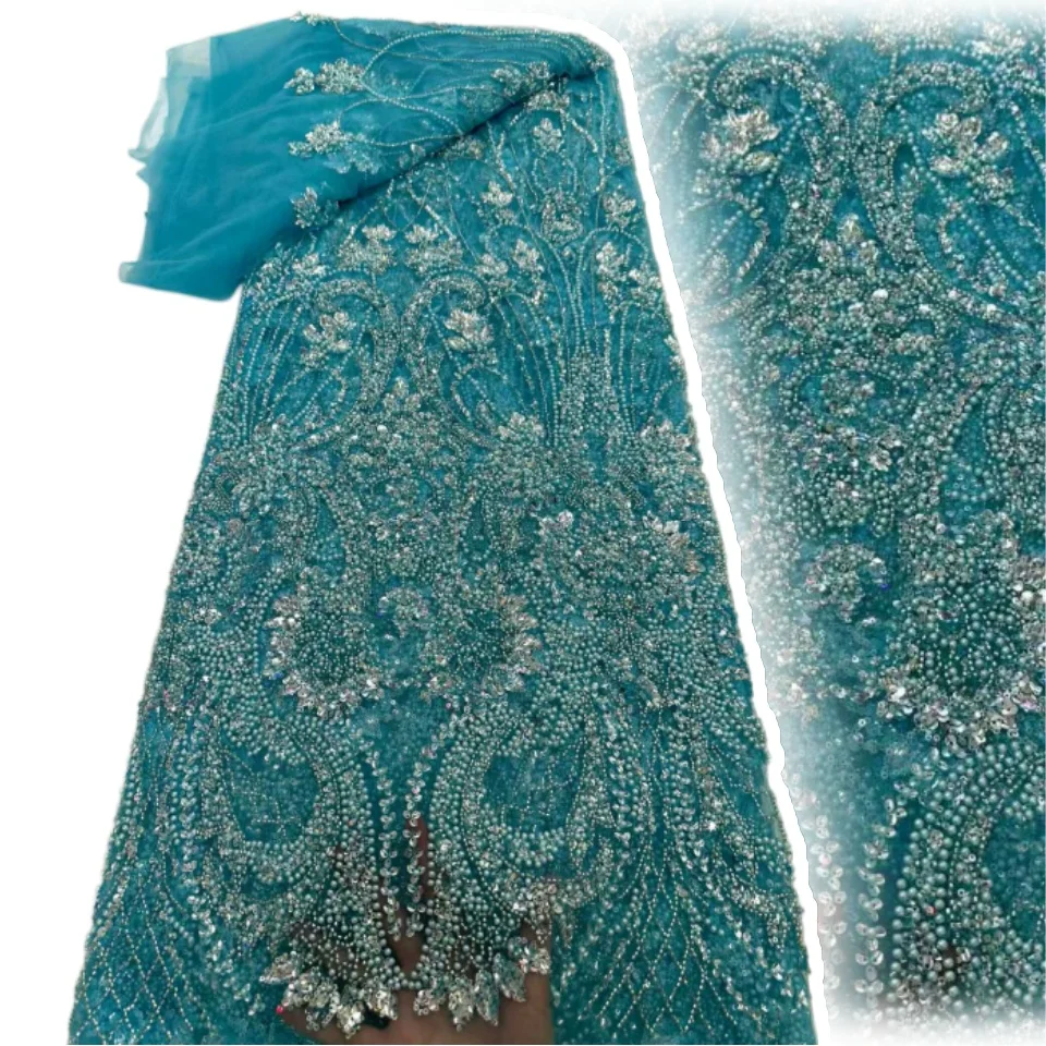 

Элитная африканская кружевная ткань 2026 года с французскими пайетками, сеткой, бисером и 3D-вышивкой, высококачественный тюль для свадебного шитья, 5 ярдов, 2382