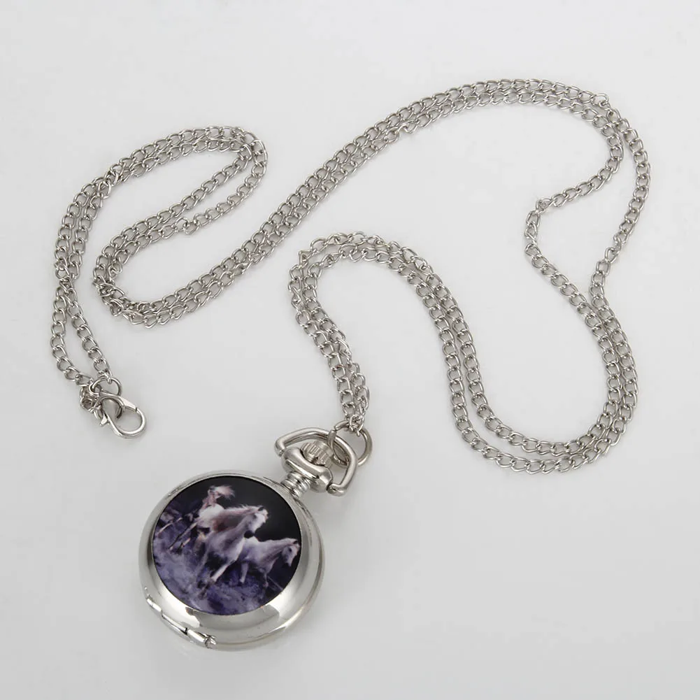 Модные винтажные цветные декоративные карманные часы с изображением лошади на цепочке, винтажные часы, кварцевое ожерелье, часы с подвеской, подарки для женщин