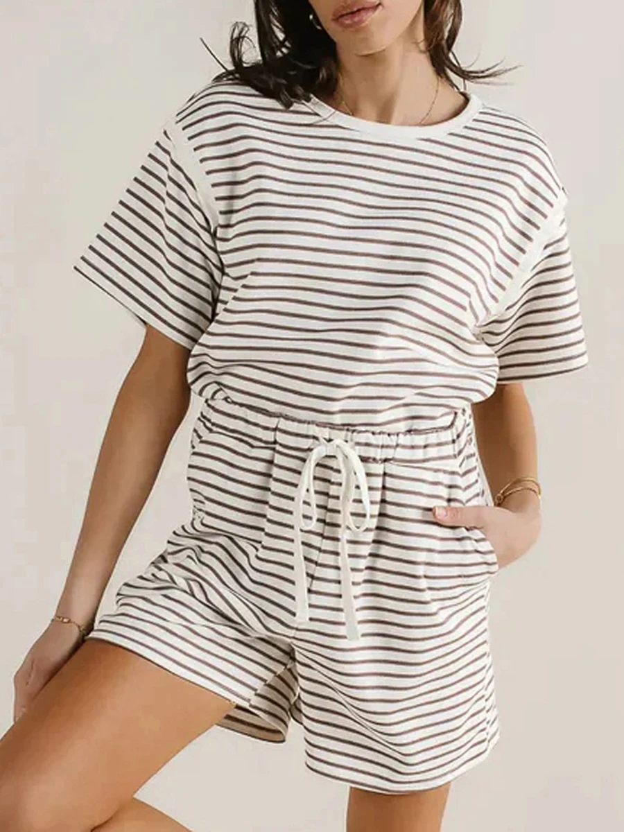 Mxiqqpltky Gestreepte Shorts Sets Dames 2 Stuk Y 2K Lounge Sets Korte Mouwen Ronde Hals Tops En Korte Broek Pyjama Set