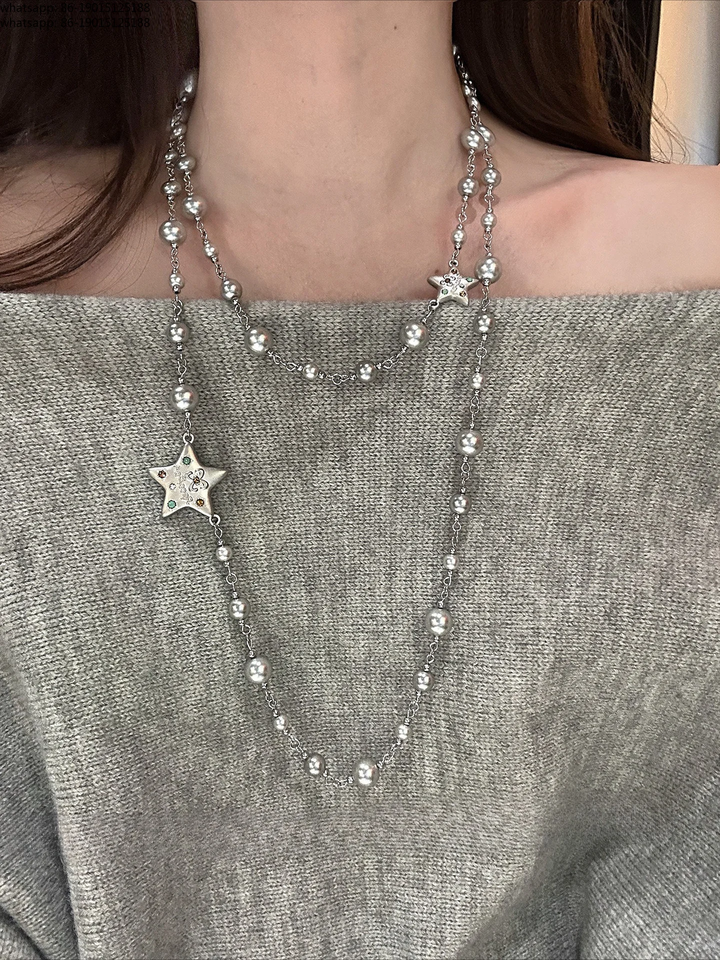 Wear Artifact Double Stacked Pearl Necklace Women's Light Luxury Premium Beaded Star Long Sweater Chain
