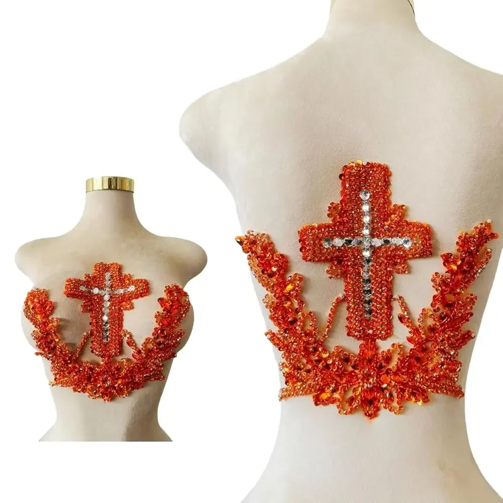 

Handmade Cross Bead Embroidery Patch Handmade Rhinestones Applique Creative Design Clothing Decoration for Wedding Dress Pred