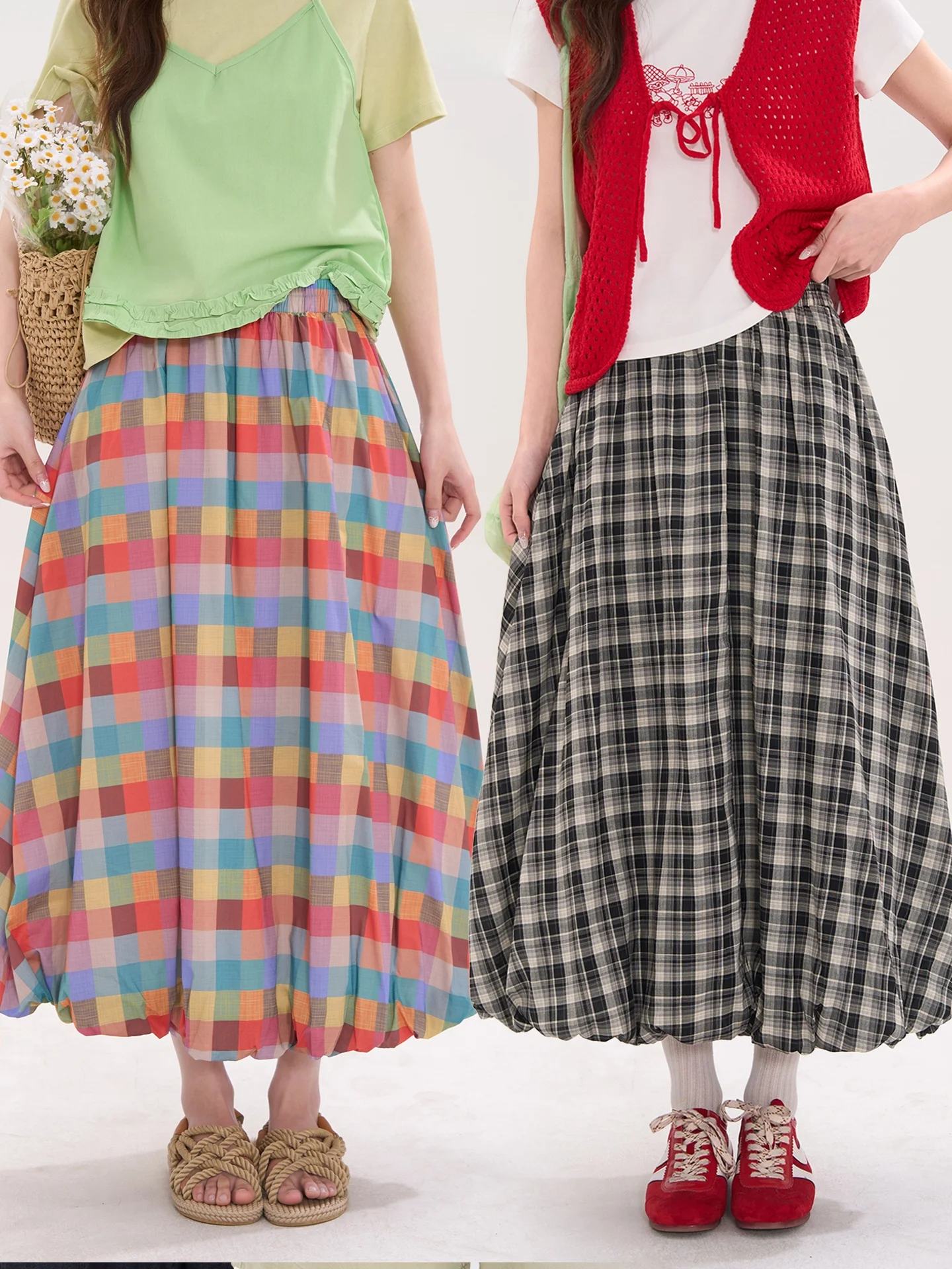 

Spring Summer Floral Window Heme Oil Painting Girl Plaid Bloomer Skirt Women's A-Line Midi Skirt High Waist Cotton Blend