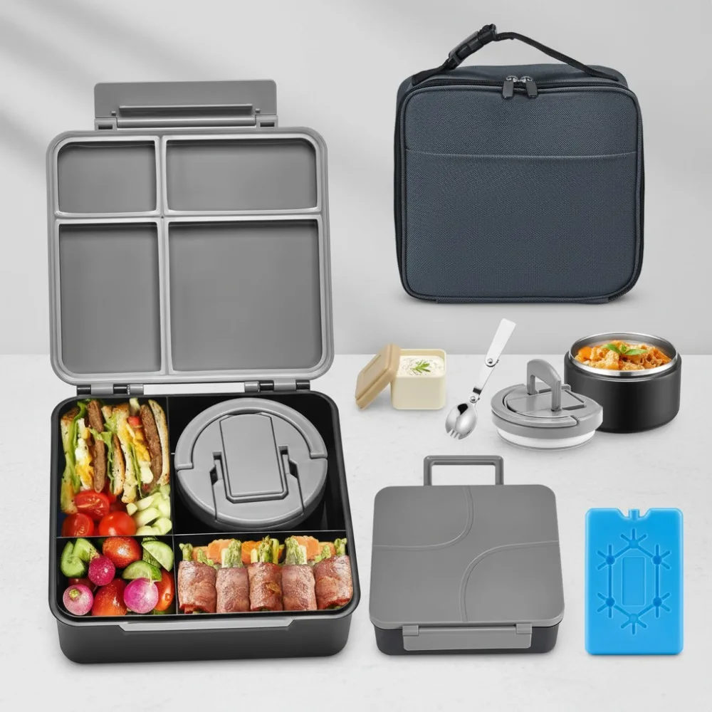 

Kids Leakproof Bento Lunch Box with 8oz Soup Thermo, Insulated Food Jar, Compartments, Sauce Cup & Ice Pack for School Travel