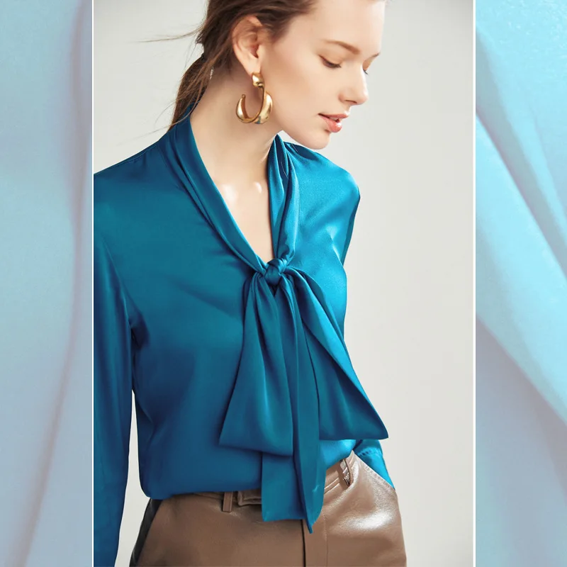 Camicia di seta da donna spessa con fiocco lungo 2025 Primavera ed estate Nuova camicia di design con lacci in seta di gelso Top a maniche lunghe