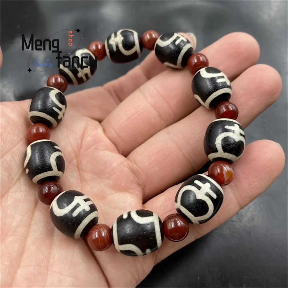 Retro National Style Green Three-eyed Celestial Pearl Cylindrical Beads Natural Agate Bracelet Best Selling Fashion Fine Jewelry