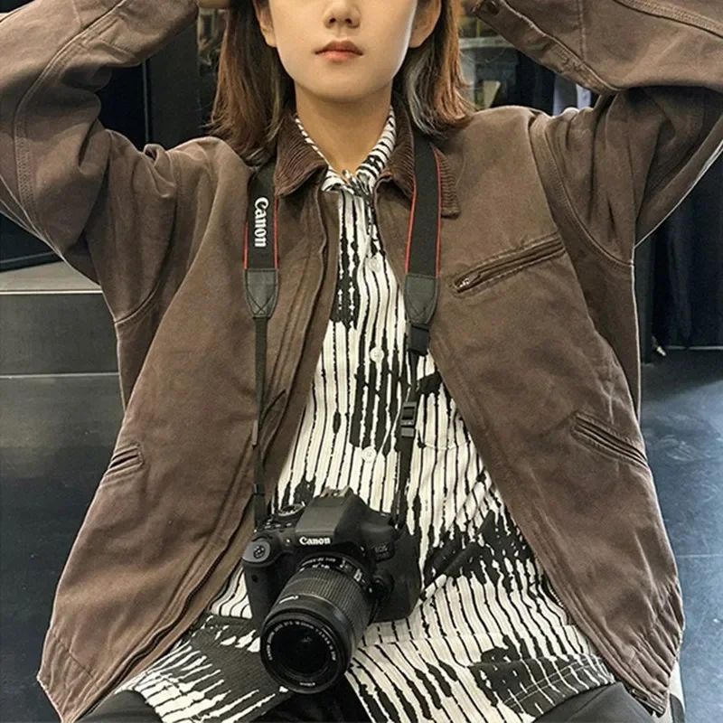 للجنسين ديترويت عمال سترة خمر النمط الأمريكي ربيع الخريف الملابس العصرية الرجعية معطف هارينجتون الإناث الذكور فضفاض F