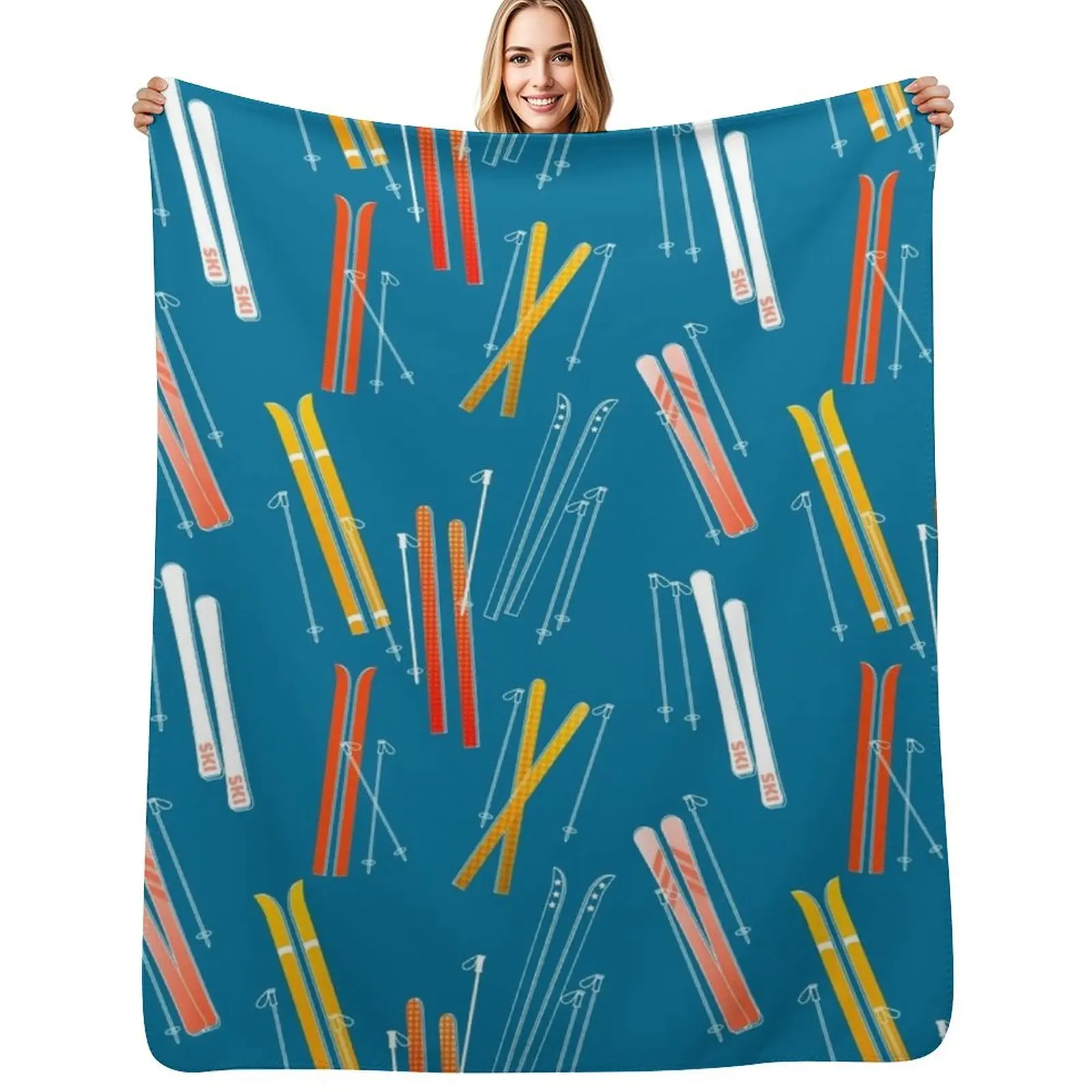 

Colorful, Retro Skis pattern on dark blue Throw Blanket Soft Bedroom Blanket for Night Sleeping