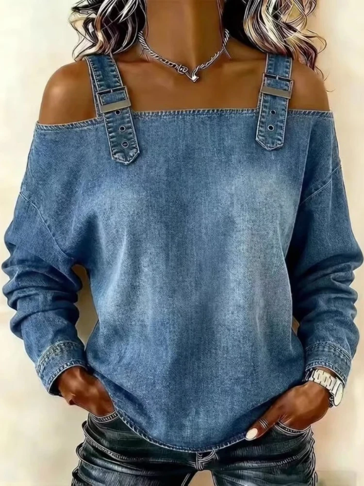 Fashionable Women Clothing Spring Autumn New Style Off Shoulder One Line Shoulder Strap Long Sleeved Casual Top Vintage Elegance