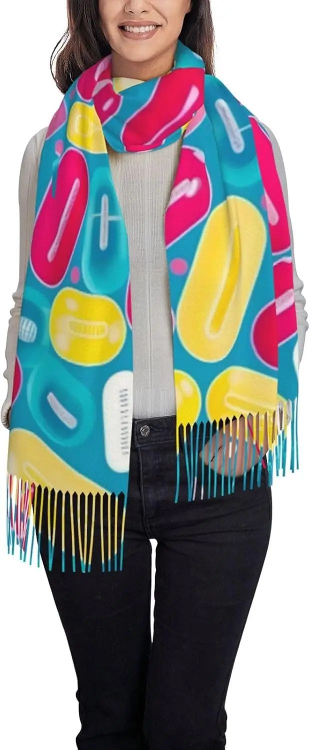 Uroczy szal z frędzlami z nadrukiem pielęgniarki, poziomy szal z frędzlami imitujący kaszmir, ciepły i modny na jesień i zimę, idealny na zimę.