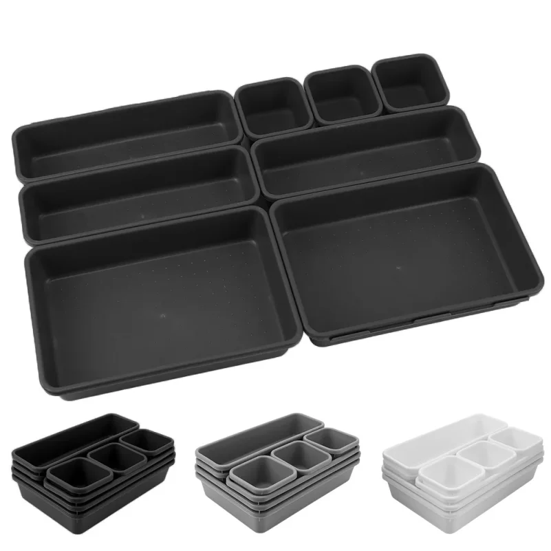Conjunto de 8 Peças: Caixas Organizadoras para Gavetas, Porta-Joias, Organizador de Maquiagem, Bandejas de Armazenamento para Cozinha e Banheiro, e Organizador de Armário com Tampa