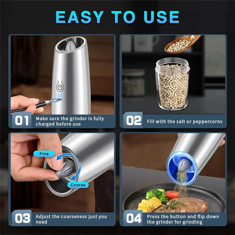 

IALJ-2PCS Electric Salt And Pepper Grinder Set USB Rechargeable Pepper Mills With LED Light Automatic Spice Grinders Stainless S