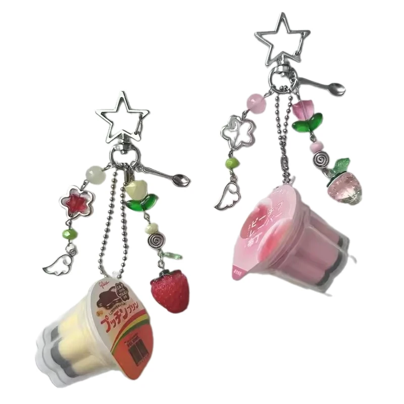 NUEVO Llavero de Pudín Japonés en Forma de Corazón, Rosa y Amarillo, con Diseño de Flan de Huevo, Estilo Retro Y2K, Accesorio con Cuentas