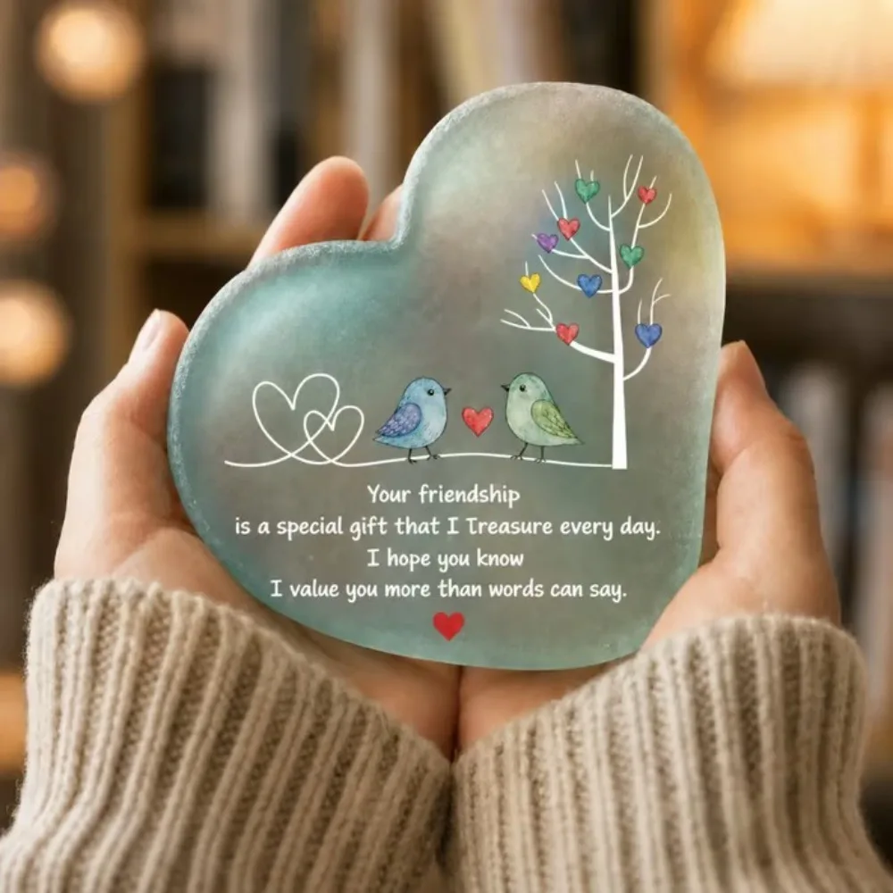 10cm / 3.94in Heart Shaped Friendship Acrylic Plaque, Cute Bird Printed Keepsake Desk Decor Ornament Gift For Best Friends