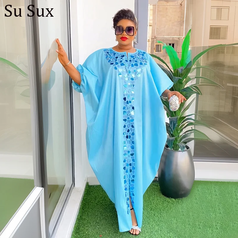 

African Dresses For Women Traditional Abayas Dubai Muslim Robe Africa Clothing Plus Size Sequins Bat Sleeve Maxi Dress Party