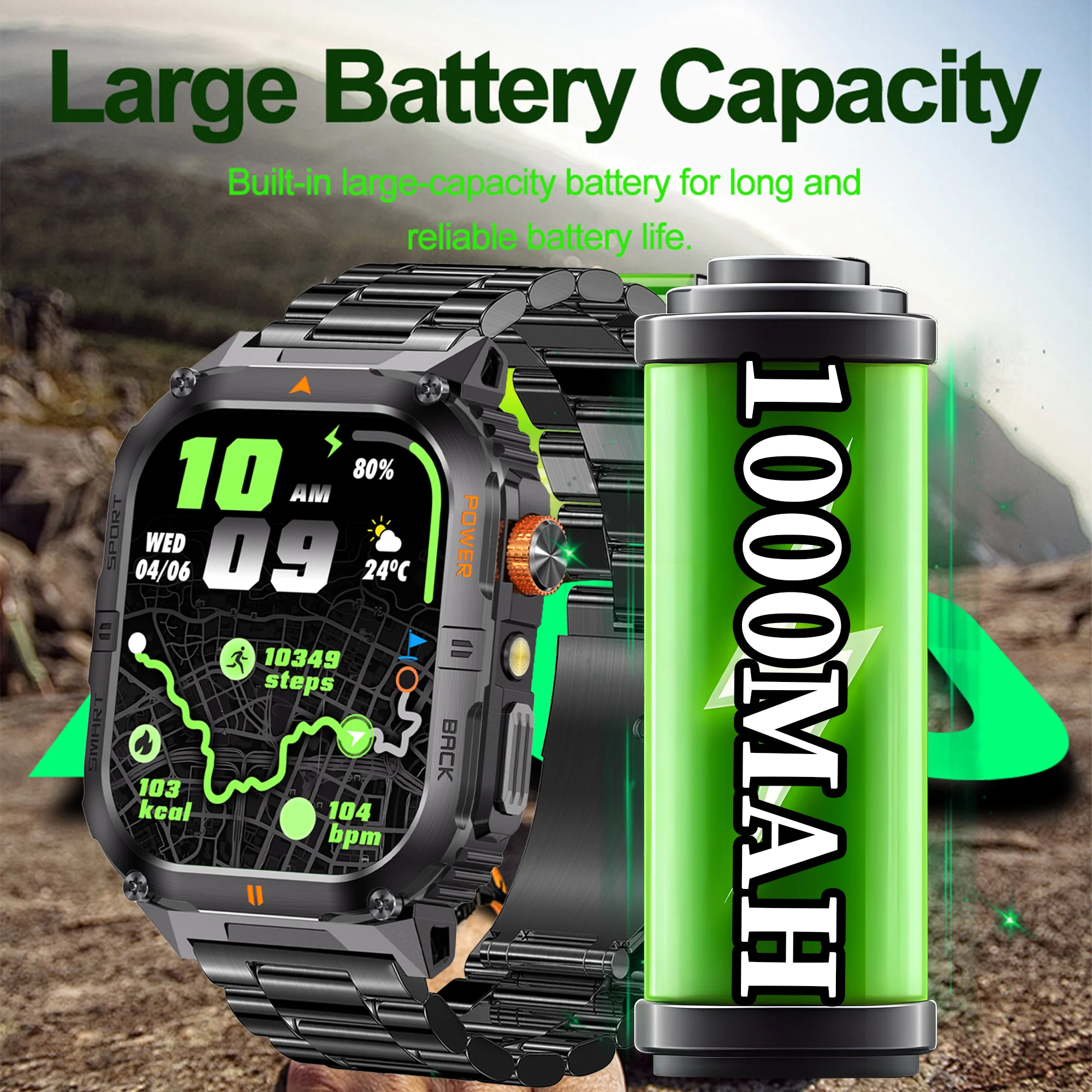 Jam Tangan Pintar Olahraga Luar Ruangan 2.00 inci 3ATM Tahan Air Senter LED Jawab Panggilan Baterai Besar 1000mAh Pelacak Kesehatan Kebugaran Smartwatch