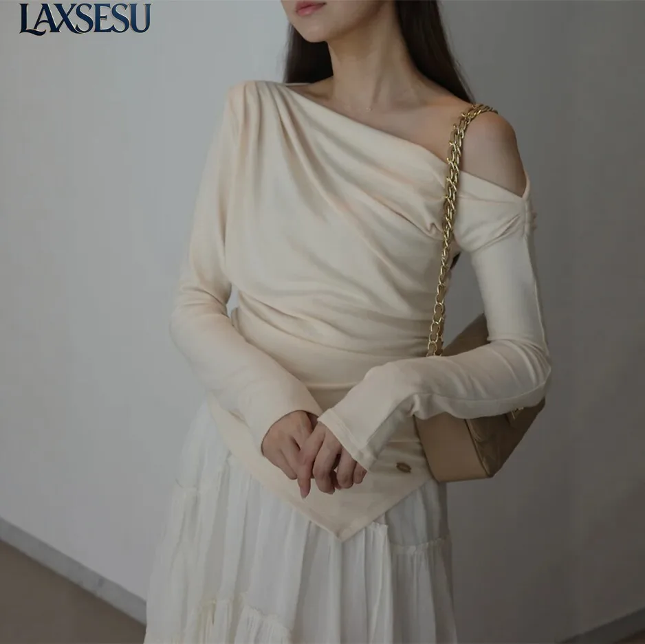 Japanese Autumn Solid Color Single Shoulder Pleated Irregular Hem Soft Fleece Off Shoulder Elegant Long Sleeved Women's T-shirts