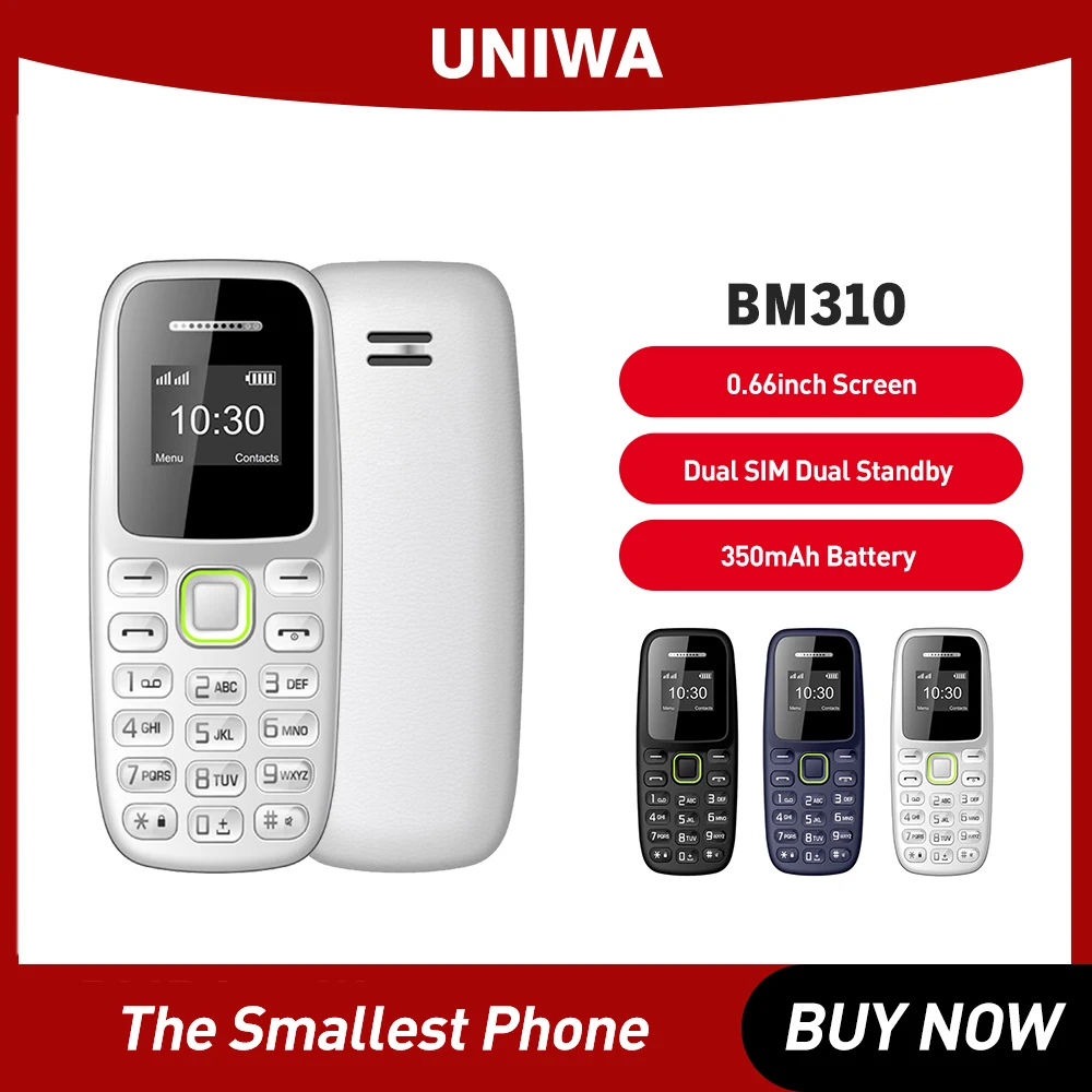 UNIWA BM310 Mini Mobiele Telefoon Dual Sim FM Radio 2G GSM Ontgrendeld Telefoon MTK6261D 0.66 inch Super dunne GSM Kleine Telefoon